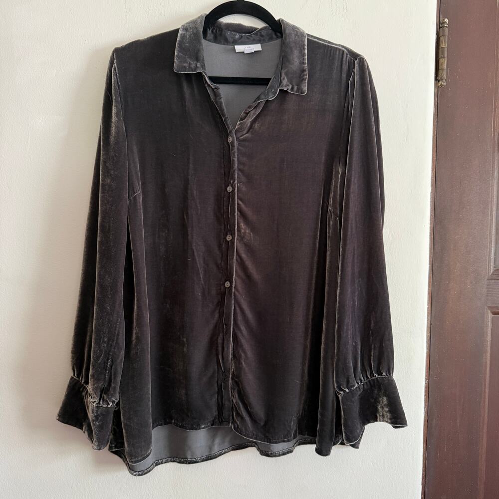 J.JILL | Dark Gray Silk Blend Velvet Button Down Blouse | Size Medium